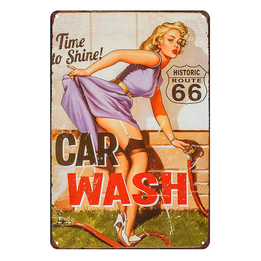 Route 66 Pin Up Girl Car Wash Historic Rustic Metal Sign Vintage Tin