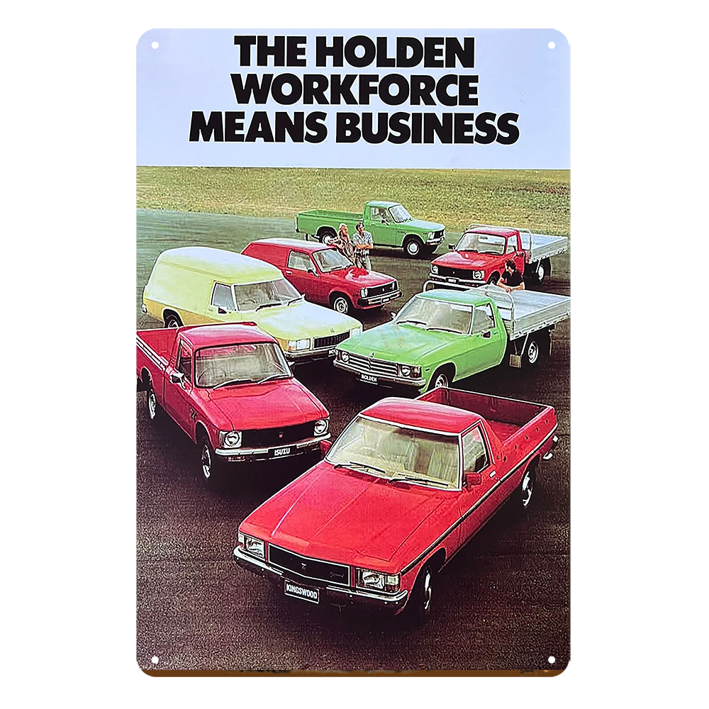 2x The Holden Workforce Means Business Rustic Tin Sign Vintage Garage Bar