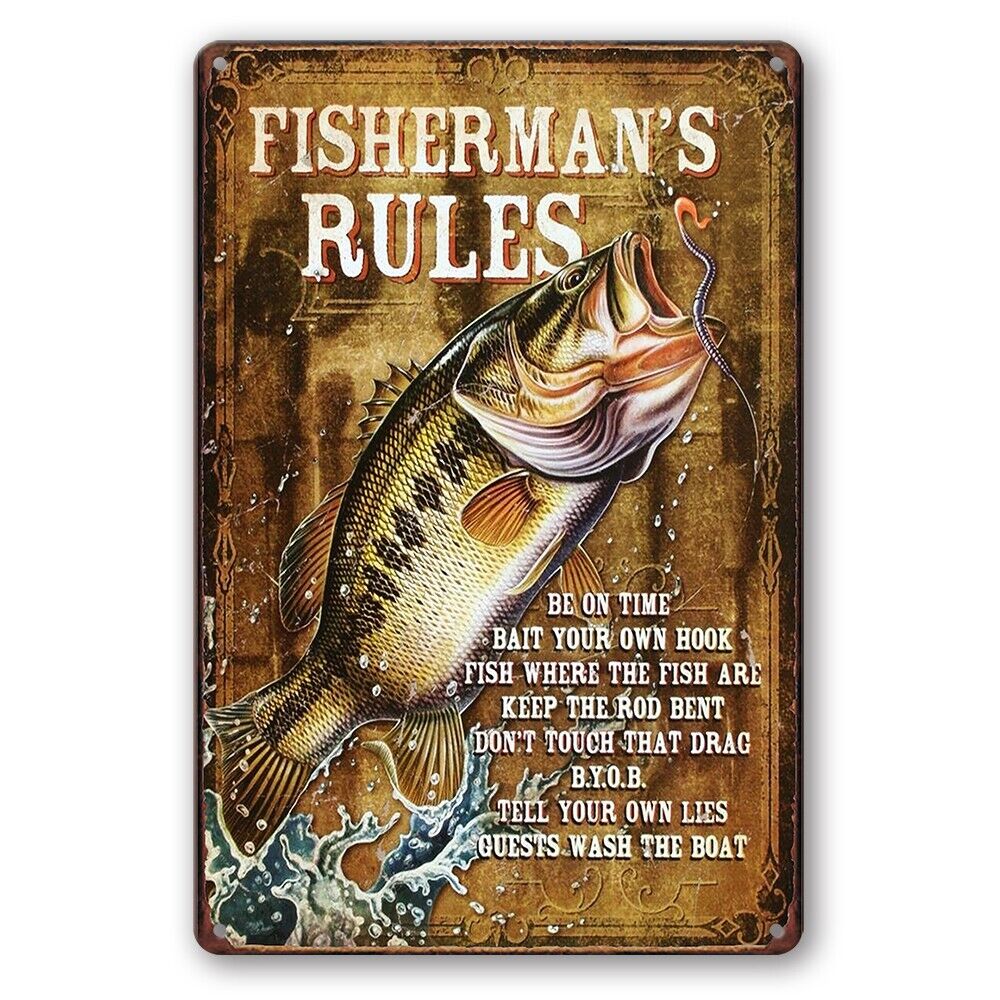 Tin Sign Rules Fisherman Rod Bent Fish Hook Rustic Look Decorative Wall Art