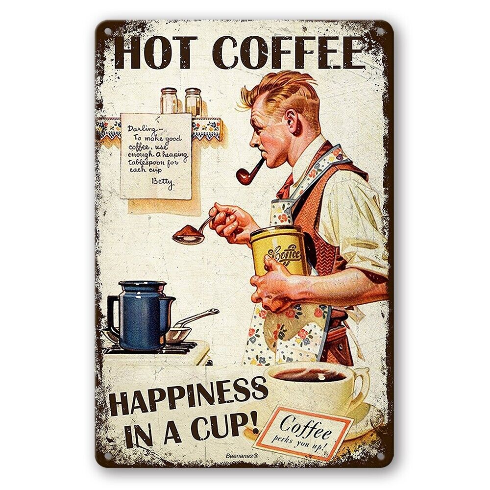Tin Sign Hot Coffee Happiness In Cup Metal Plate Rustic Look Decorative Wall Art