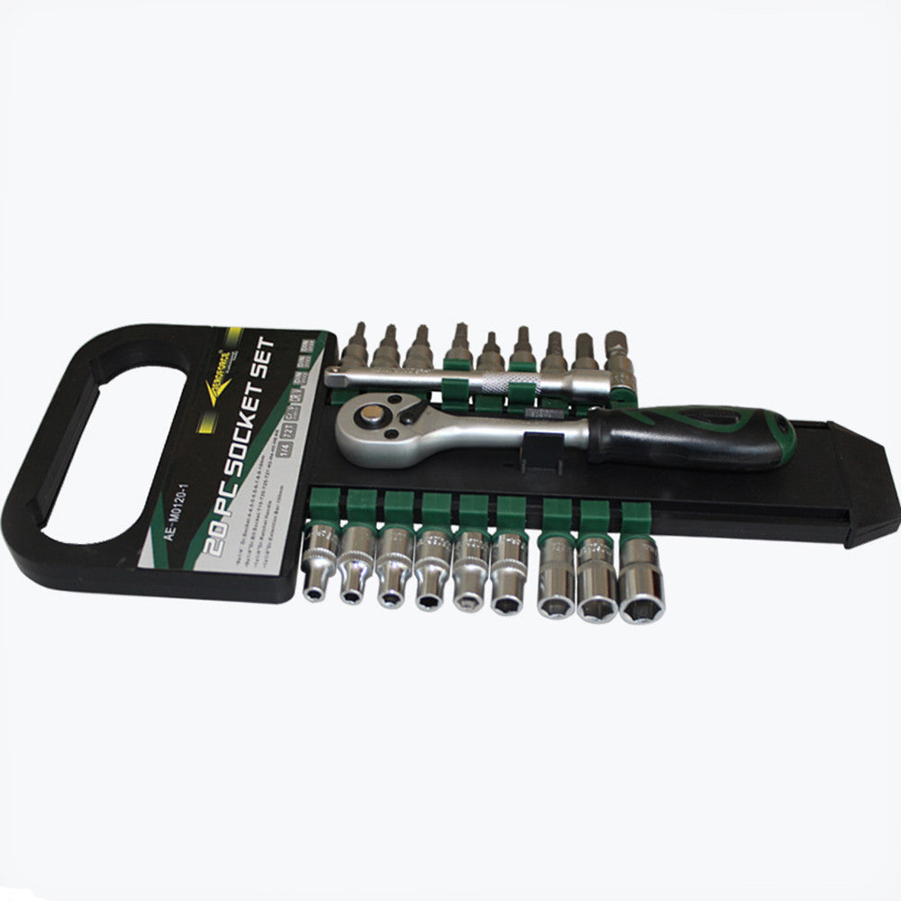 20pc 1/4” Dr. Comb Socket 4-10mm & Bit T15-h8 Ratchet Handle Bar Auto 20003040