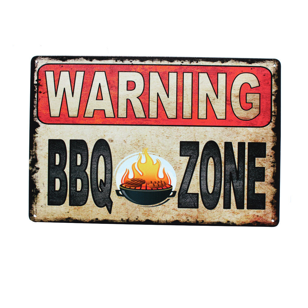 Warning Metal Tin Sign 300 X 200mm BBQ Zone Rustic Look Vintage Man Cave