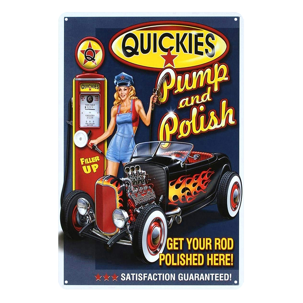 2x Quickies Pump Polish Sexy Girl Pip-up Rustic Tin Sign Vintage Garage Bar