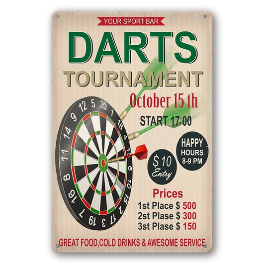 Tin Sign Darts Tournament Sport Bar Food Drink Rustic Look Decorative
