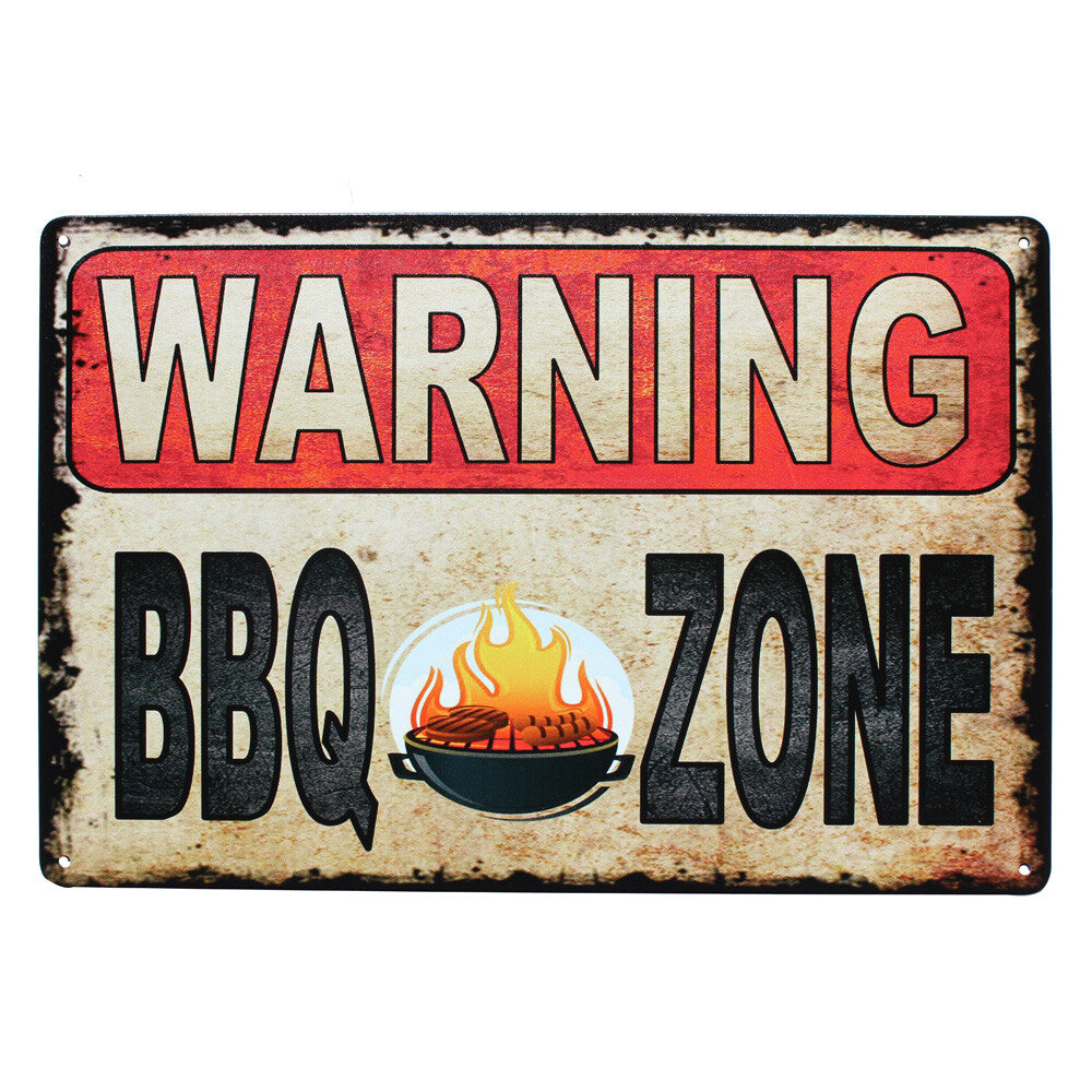 Warning Metal Tin Sign 300 X 200mm BBQ Zone Rustic Look Vintage Man Cave