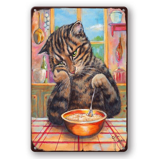 Tin Sign Depressed Cat Spoon Coffee Metal Plate Rustic Decorative Vintage