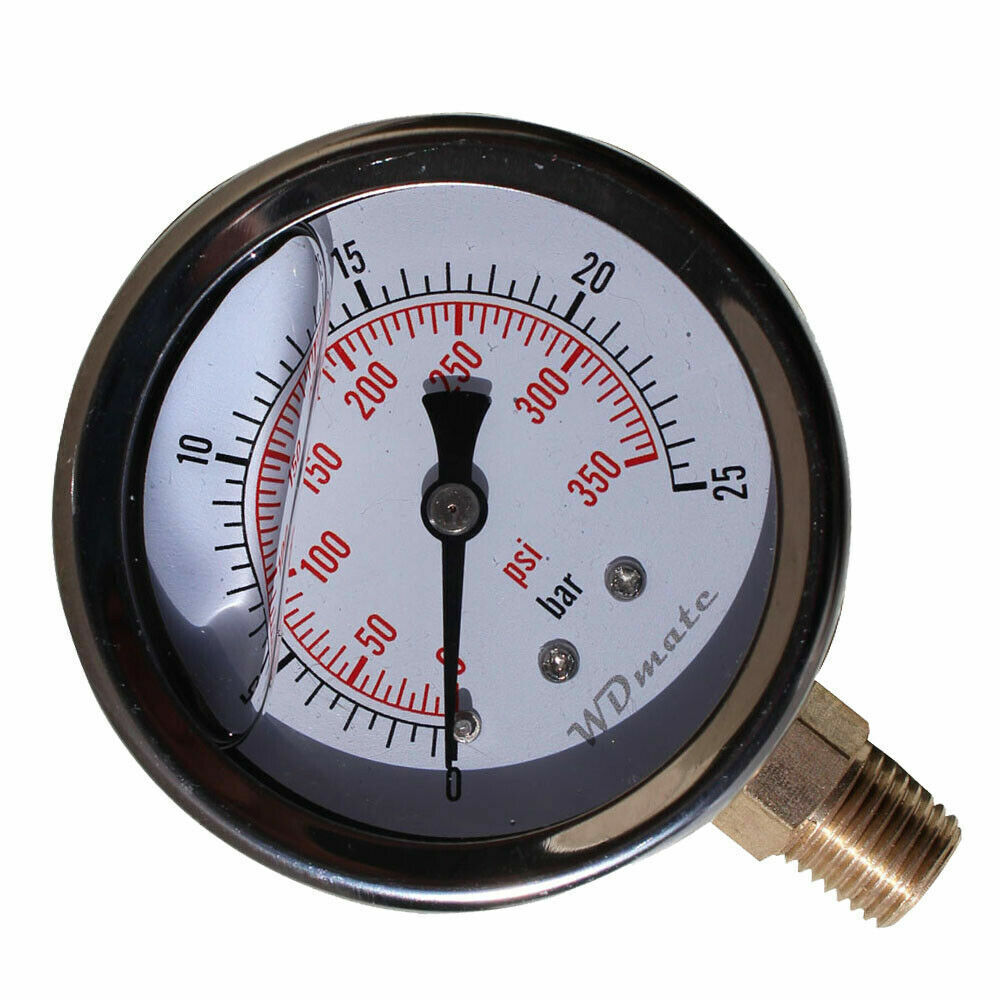 350psi 25bar Liquid Oil Filled Pressure Gauge 63mm 2.5” 1/4″ Bspt Fuel Air Meter