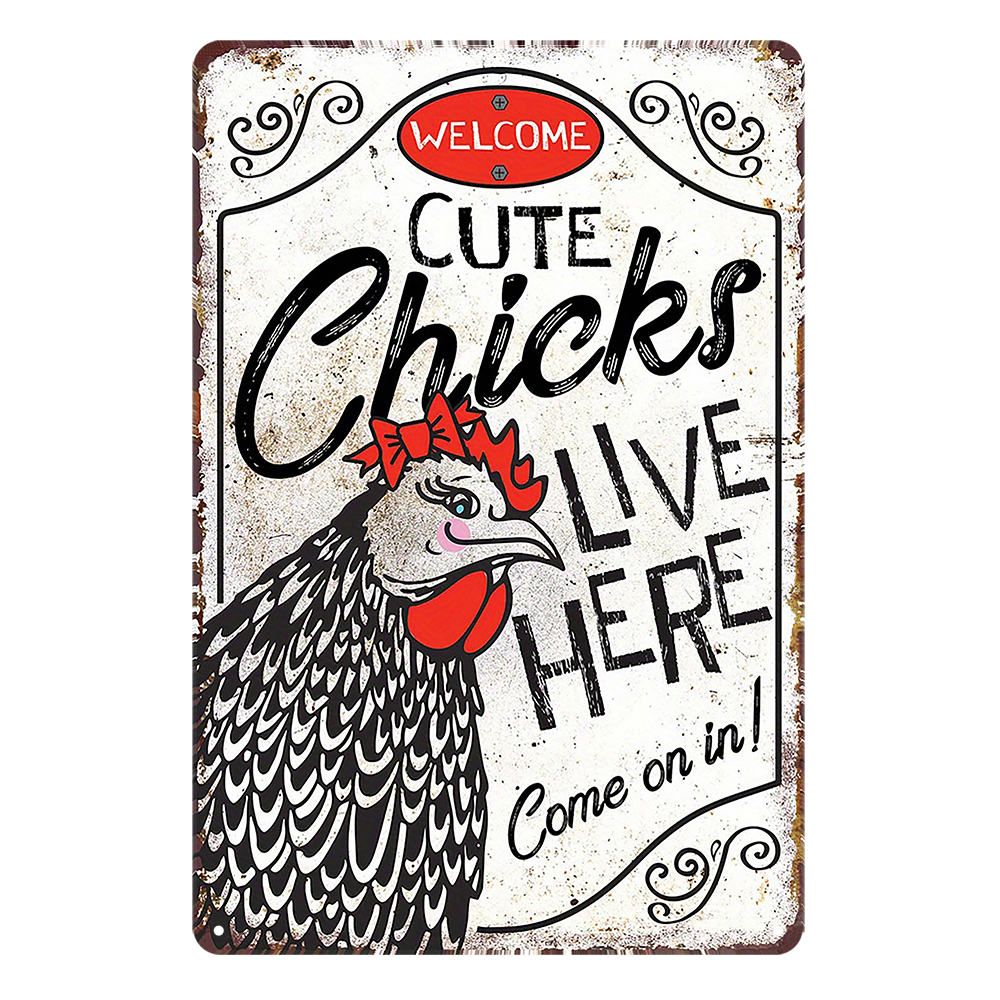 Cute Chicks Live Here Welcome Come On In Tin Metal Sign Rustic Look Vintage