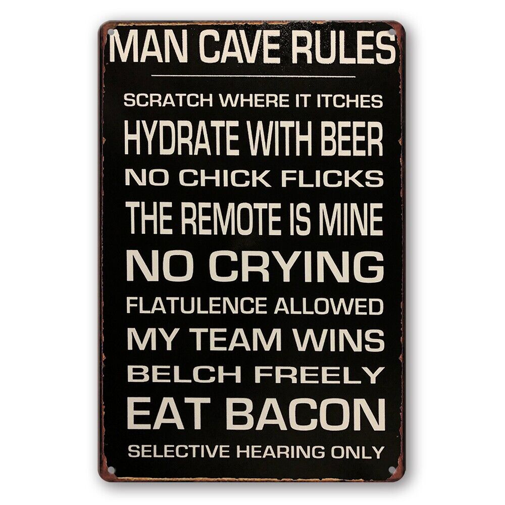 Tin Sign Rules Man Cave Beer Remove No Crying Wins Bacon Rustic Look Decorative