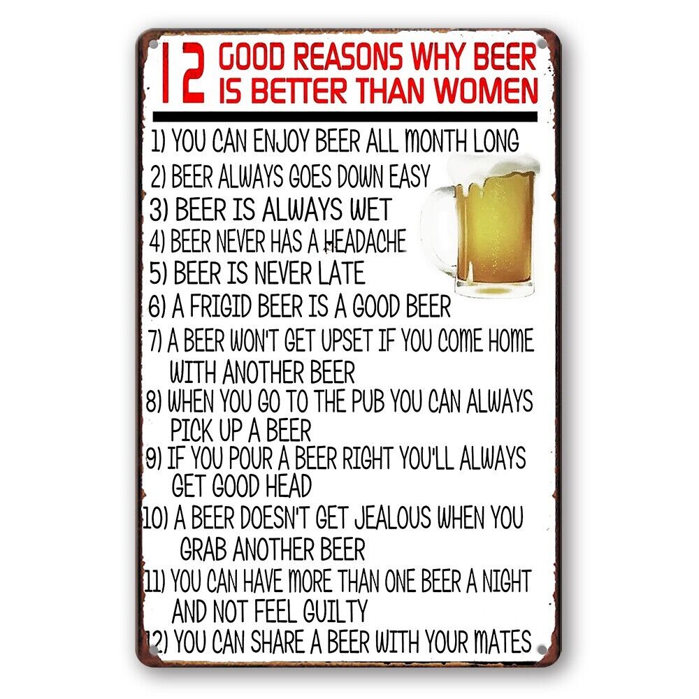 Tin Sign 12 Good Reasons Why Beer Is Better Than Women Rustic Look Decorative