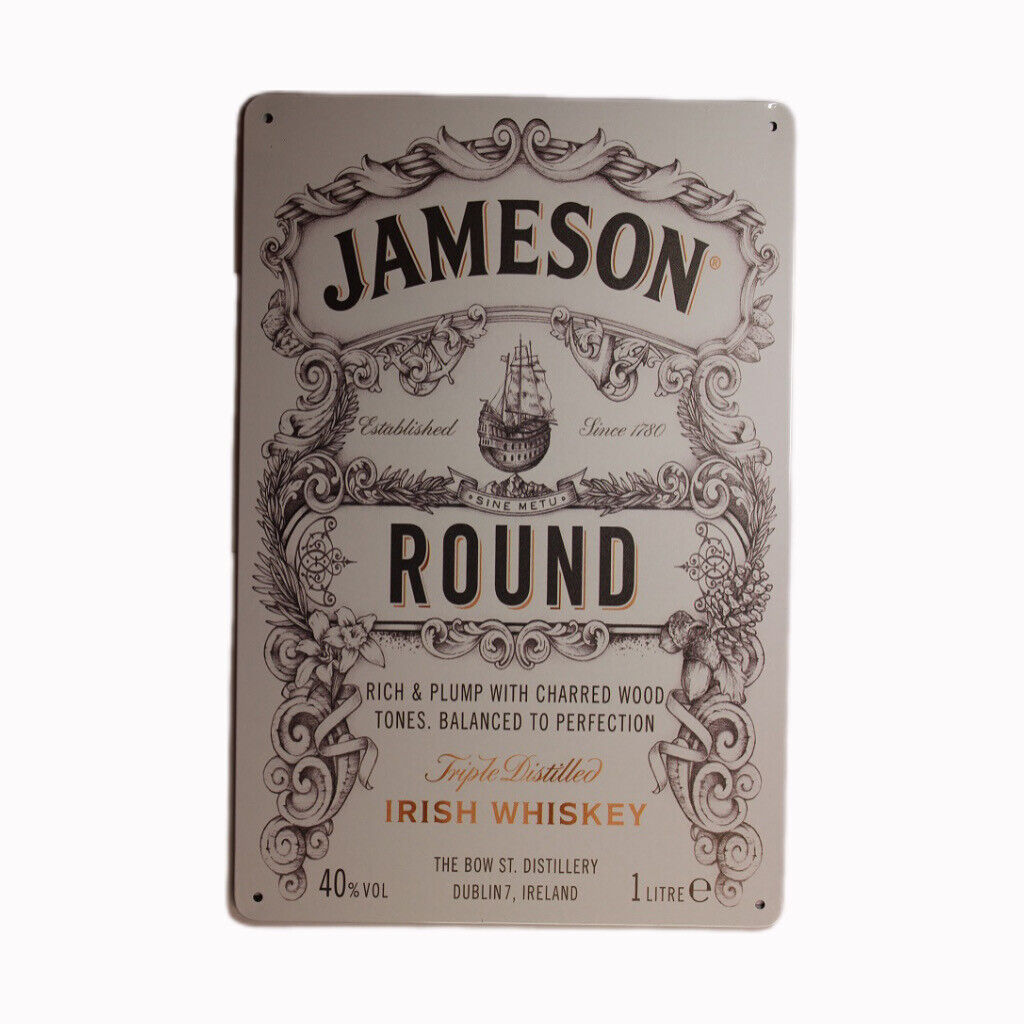 Tin Sign Jameson Round Sprint Drink Bar Whisky Rustic Look