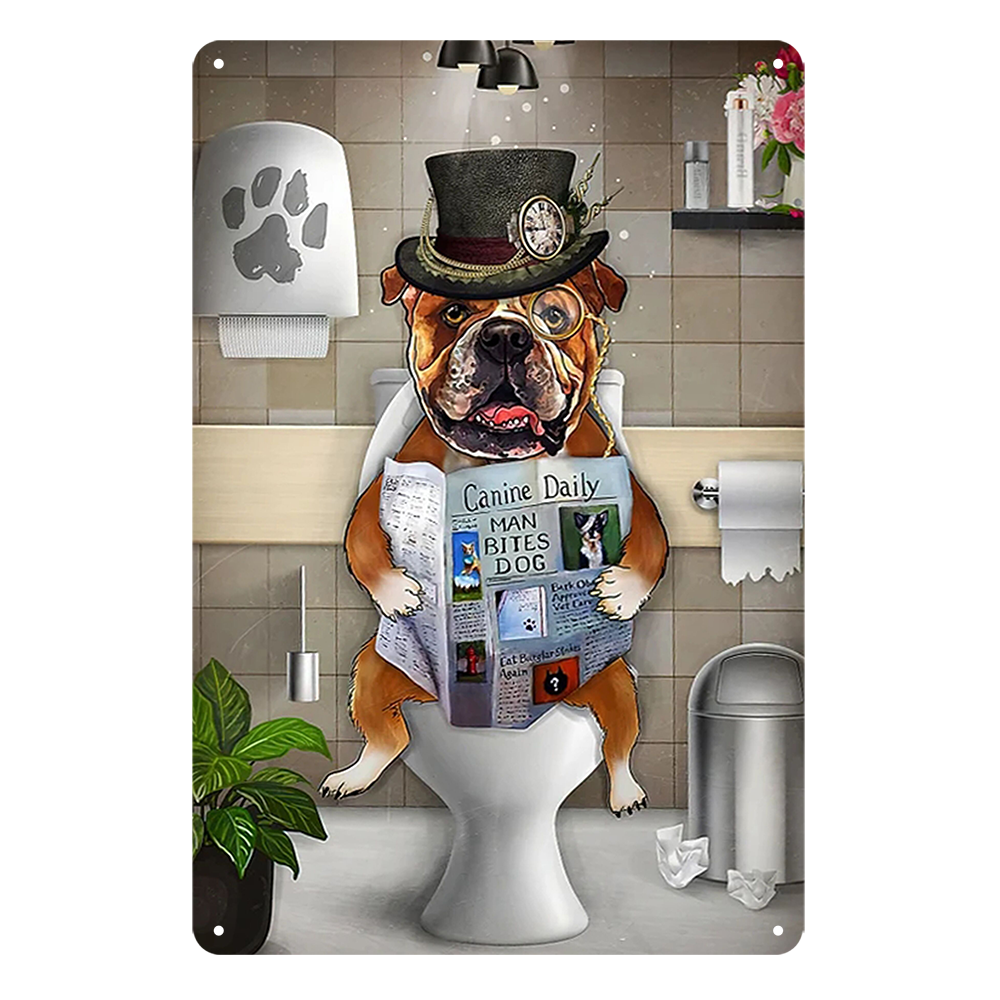 Man Bites Dog Canine Daily Toilet Reading Tin Metal Sign Rustic Look Vintage