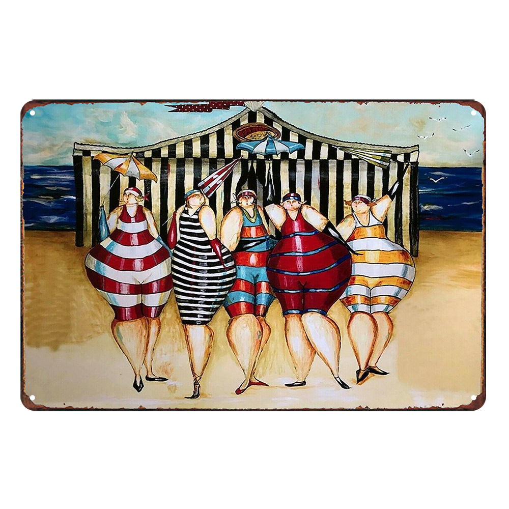 Beach 5 Fat Ladies Sunbathing Ocean Rustic Metal Sign Vintage Tin Garage