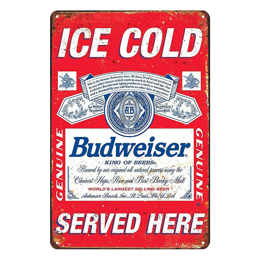 2x Ice Cold Budweiser Beer Served Rustic Metal Sign Vintage Tin Shed Garage Bar