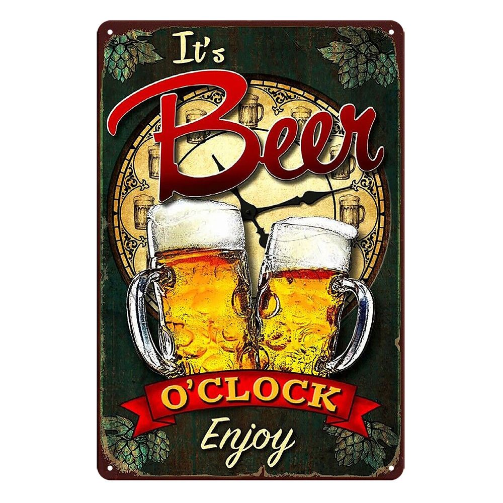 Beer O'clock Enjoy Cold Drink Tin Metal Sign Rustic Look Vintage