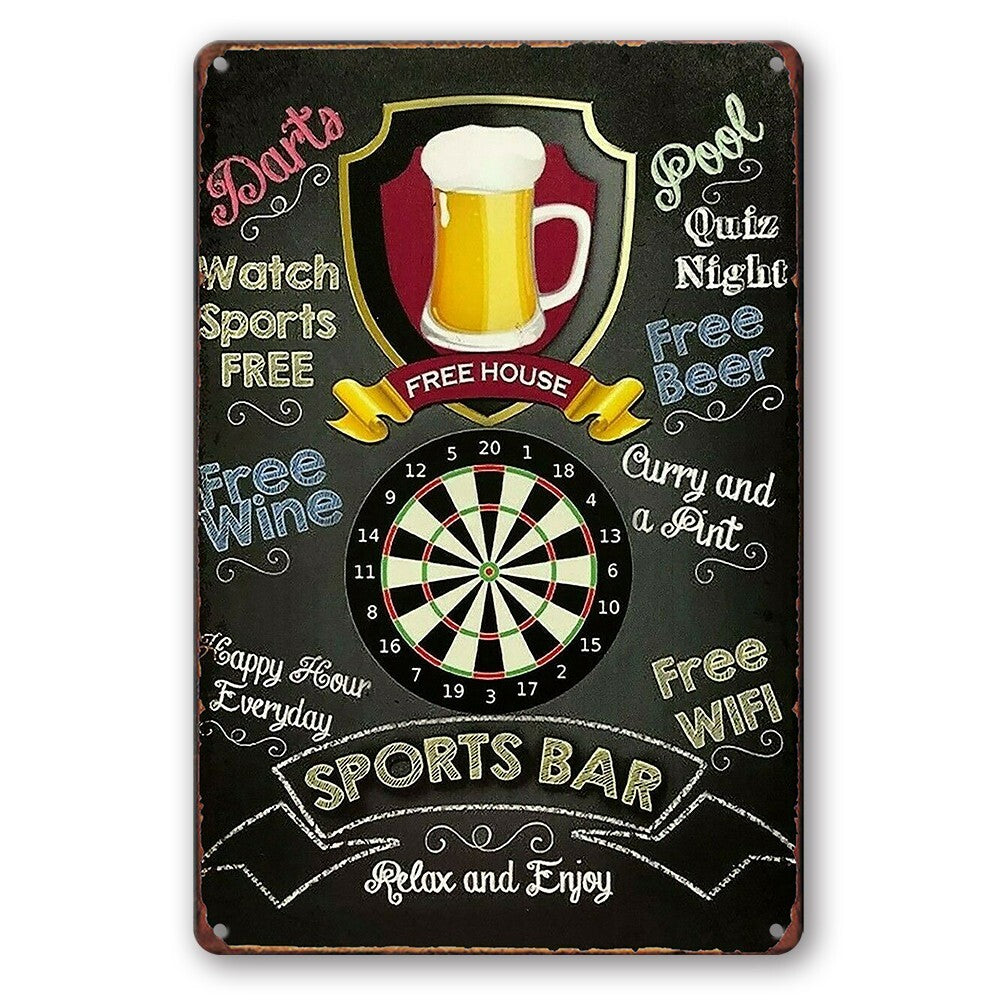 Tin Sign Free House Beer Wine Relax Enjoy Sports Bar Metal Plate Rustic Look