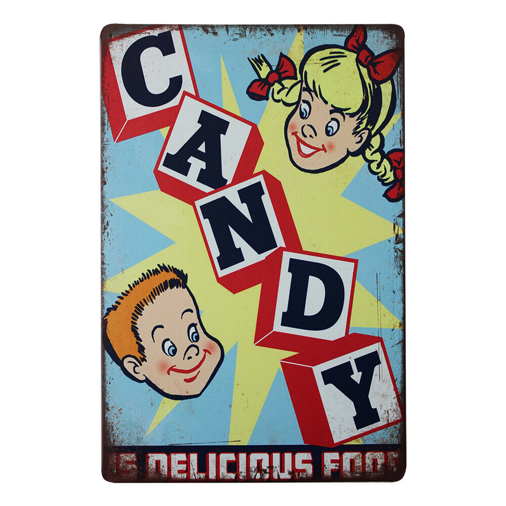 Tin Sign Candy Shop Store 200x300mm Metal Retro Plaque Man Cave Delicious Food
