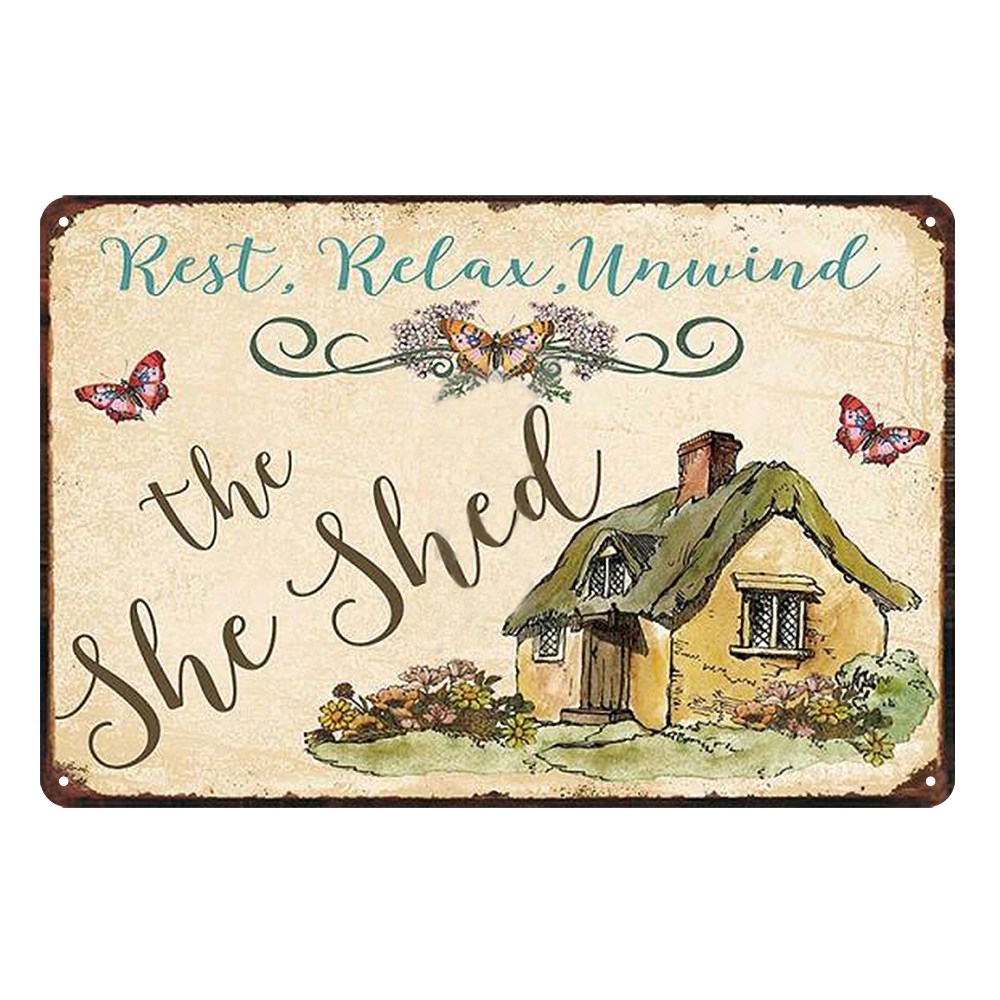2x The She Shed Rest Relax Unwind Rustic Tin Sign Vintage Garage Bar