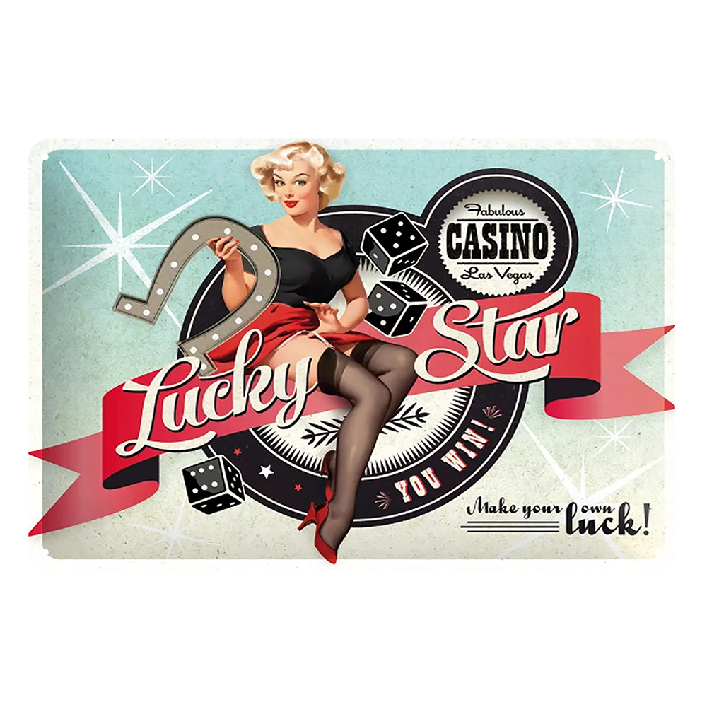 Pin Up Girl Lucky Star Casino Rustic Metal Sign Vintage Tin