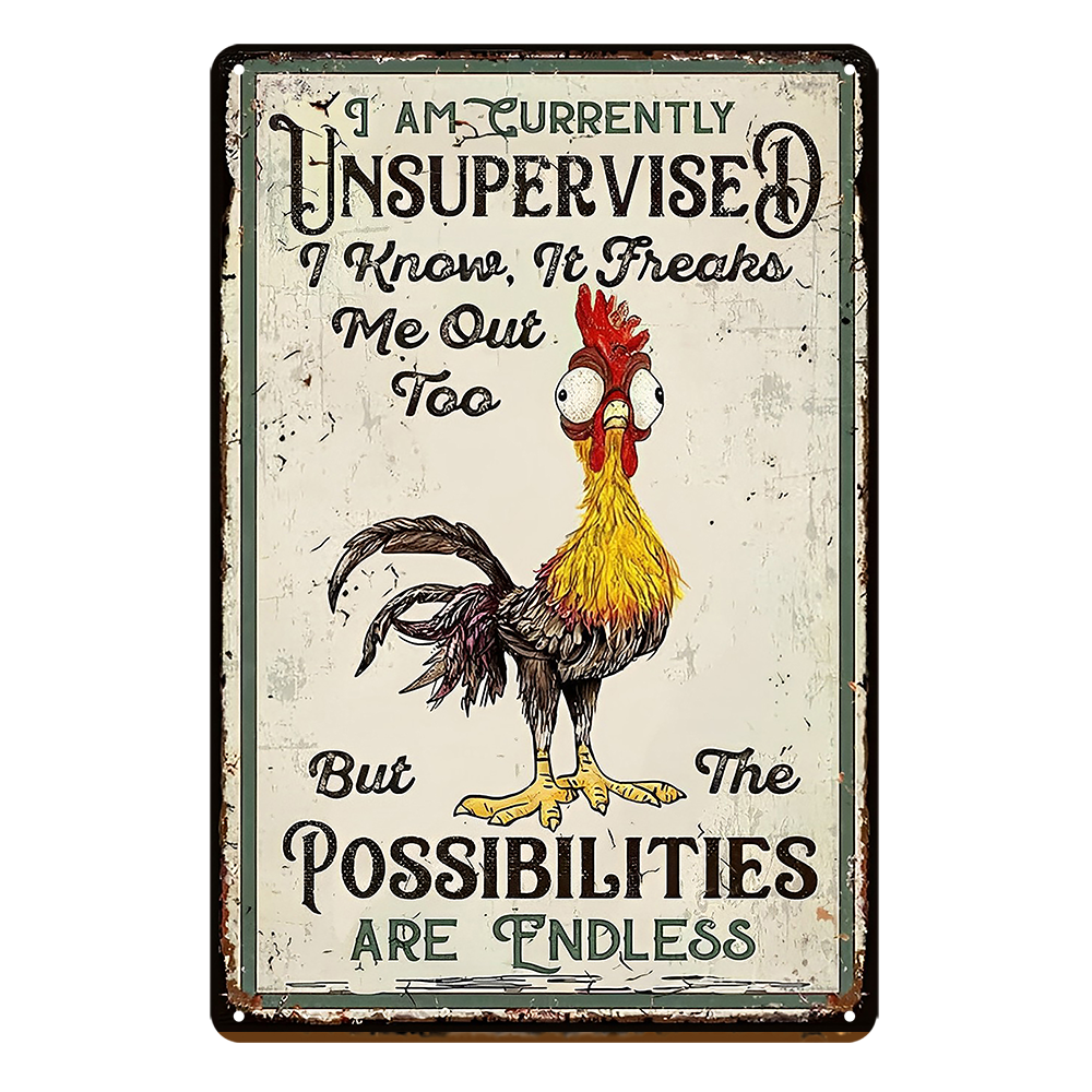 2x Rooster Unsupervised Possibilities Are Endless Rustic Tin Sign Vintage Bar