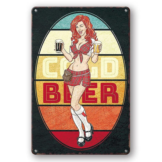 Tin Sign Cold Beer Girl Mancave Bar Drink Rustic Decorative Vintage