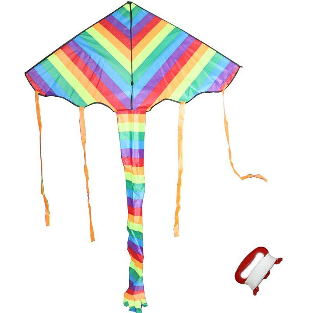 Kite Rainbow Color 120cm Outdoor Sport Funny Toy Stunt Gift Tail 100m Line Kid