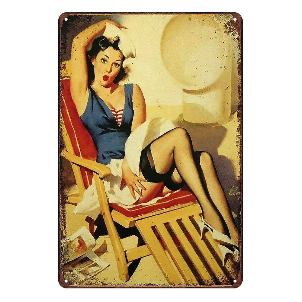 Beautiful Nurse Lady Sitting Pin Up Tin Metal Sign Rustic Look Vintage