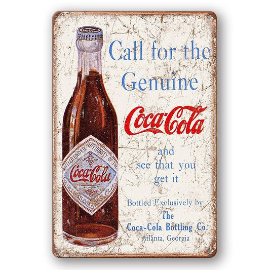 Tin Sign Coca Cola Call For Genuine Bottling Rustic Decorative Vintage