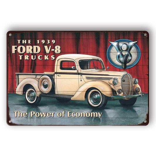Tin Sign Ford Trucks V-8 Power Economy V8 Rustic Decorative Vintage