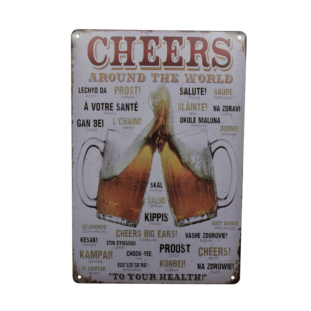 Warning Tin Sign Cheers Around The World Beer Drink 300*200mm Metal