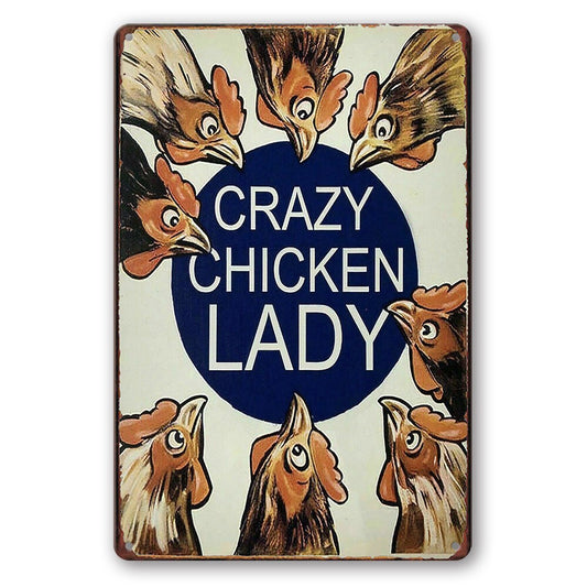Tin Sign Crazy Chicken Lady Rustic Look Decorative Wall Art