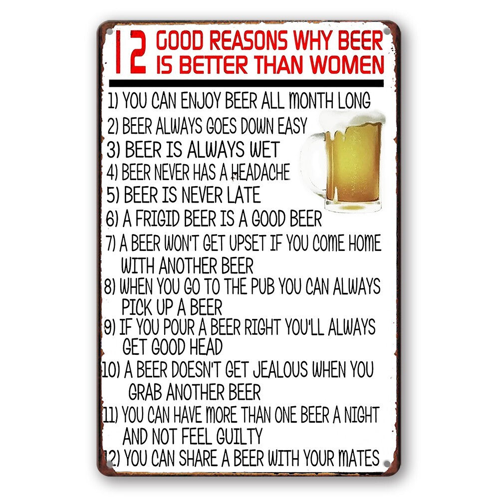 Tin Sign 12 Good Reasons Why Beer Is Better Than Women Rustic Look Decorative