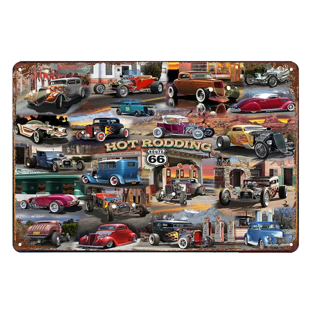 2x Route 66 Hot Rodding Rustic Tin Sign Vintage Garage Bar