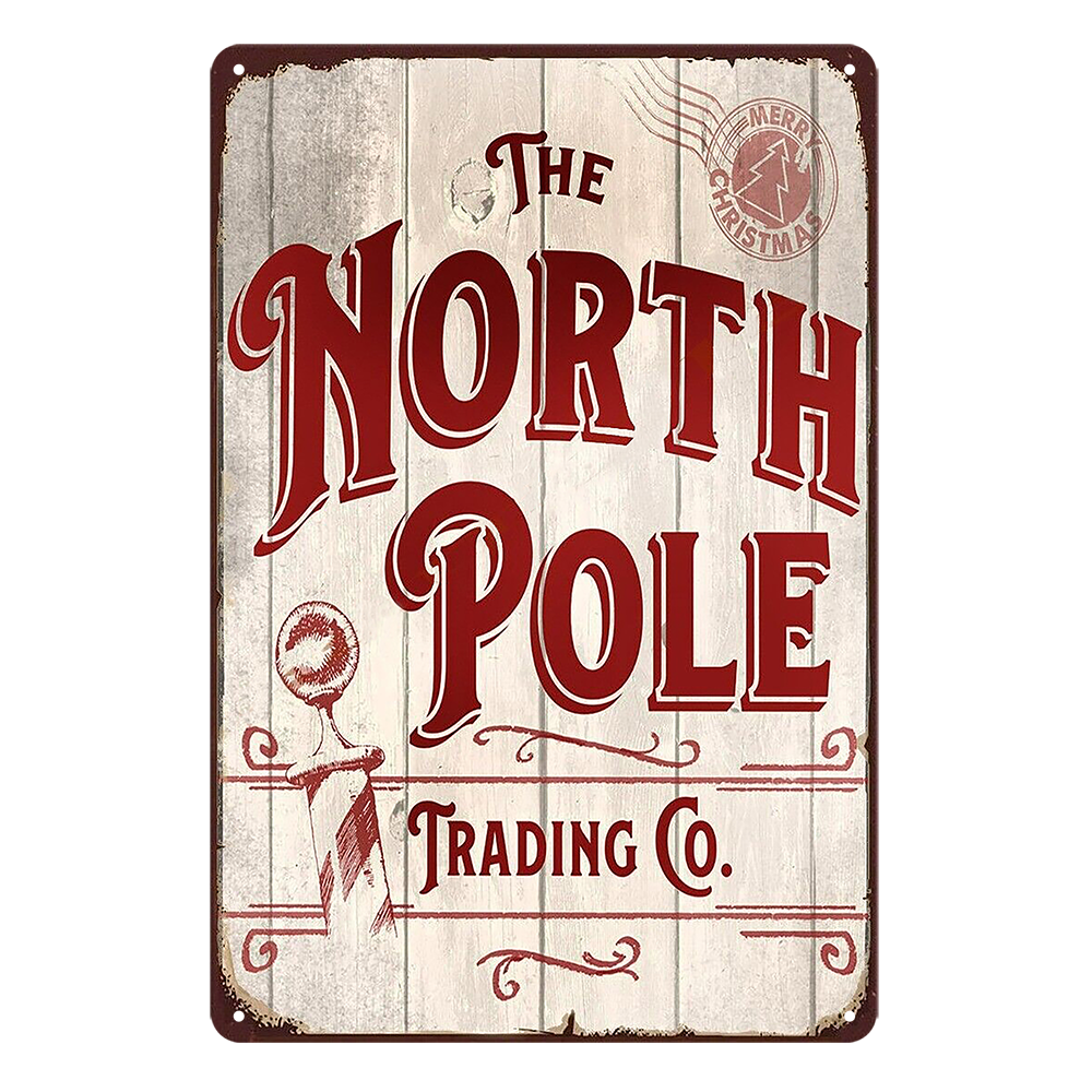 The North Pole Trading Merry Christmas Tin Metal Sign Rustic Look Vintage