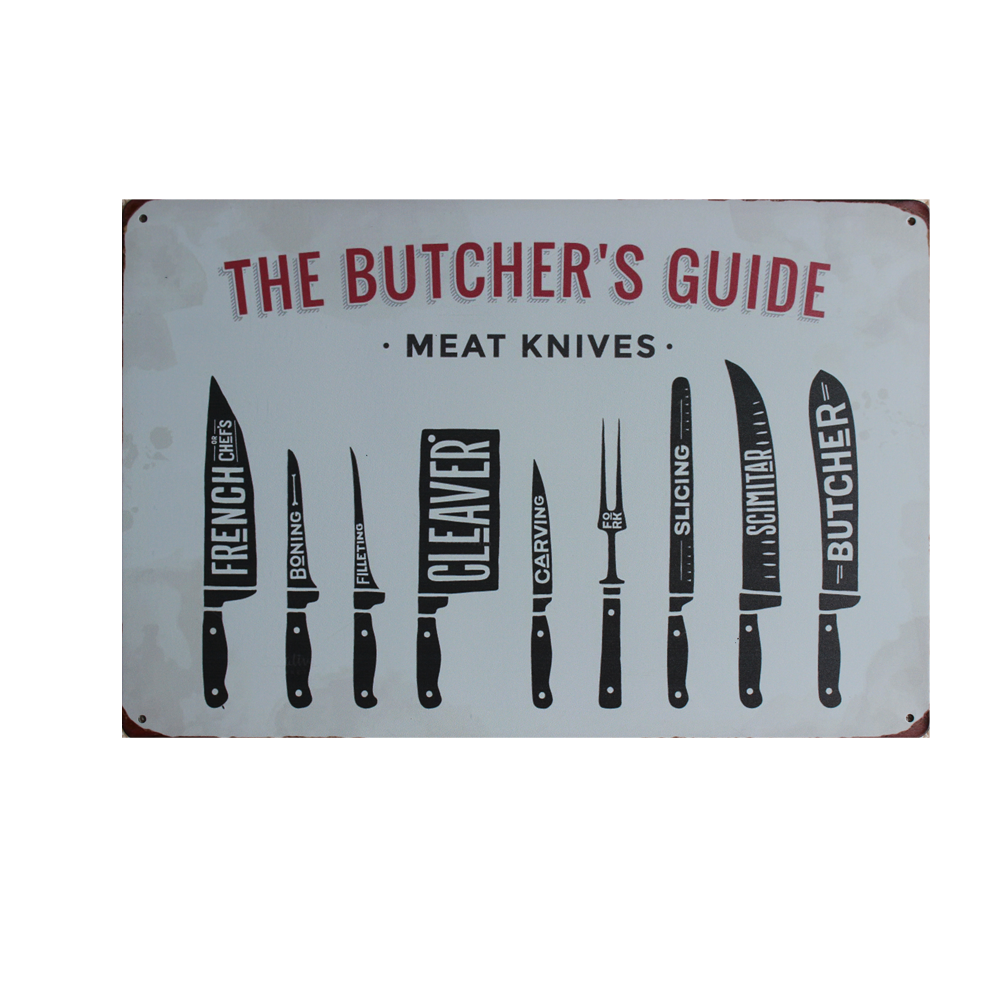 Metal Tin Sign The Butcher's Guide Meat Knives?200x300mm Man Cave