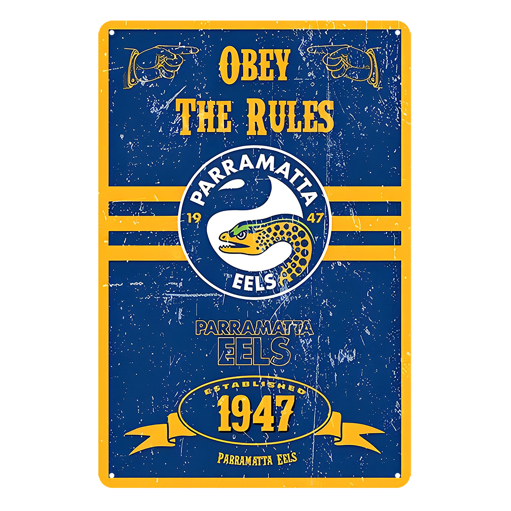 Parramatta Eels 1947 Obey The Rules Tin Metal Sign Rustic Look Vintage
