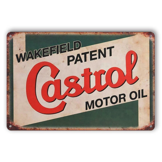Tin Sign Castrol Motor Oil Wakfield Patent Car Rustic Look Decorative