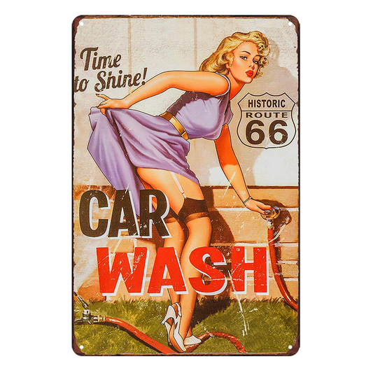 Route 66 Pin Up Girl Car Wash Historic Rustic Metal Sign Vintage Tin