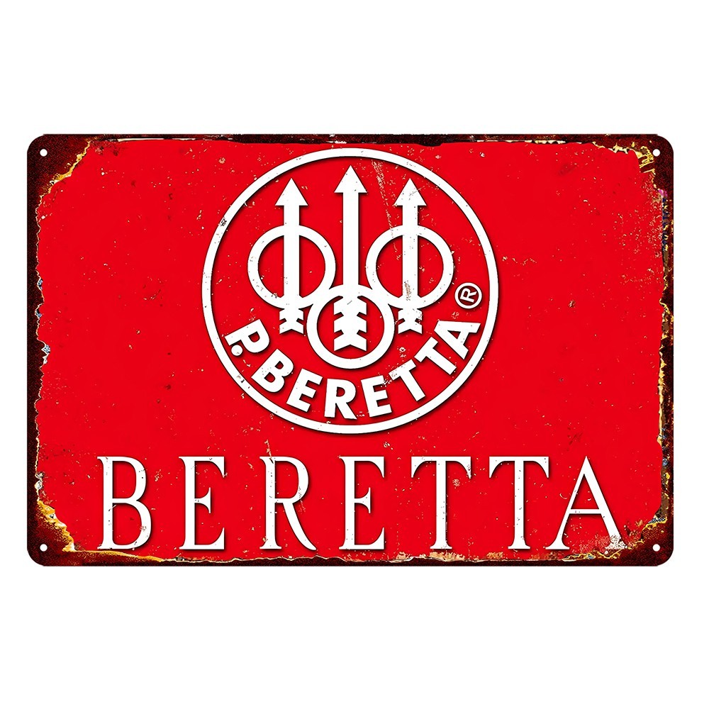 Tsosk Pietro Beretta Firearms Pistol Gun Red Tin Sign Vintage