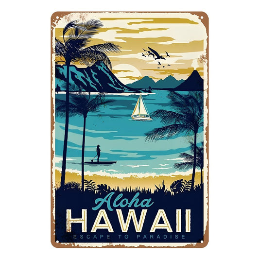 Aloha Hawaii Escape To Paradise Rustic Metal Tin Sign Vintage