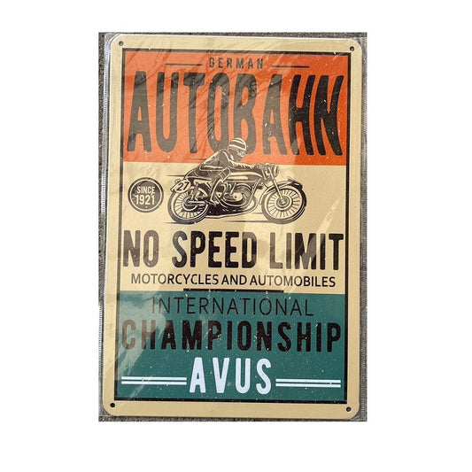 Autobahn No Speed Limit Avus Championship Motor Cycle Tin Sign Rustic Look