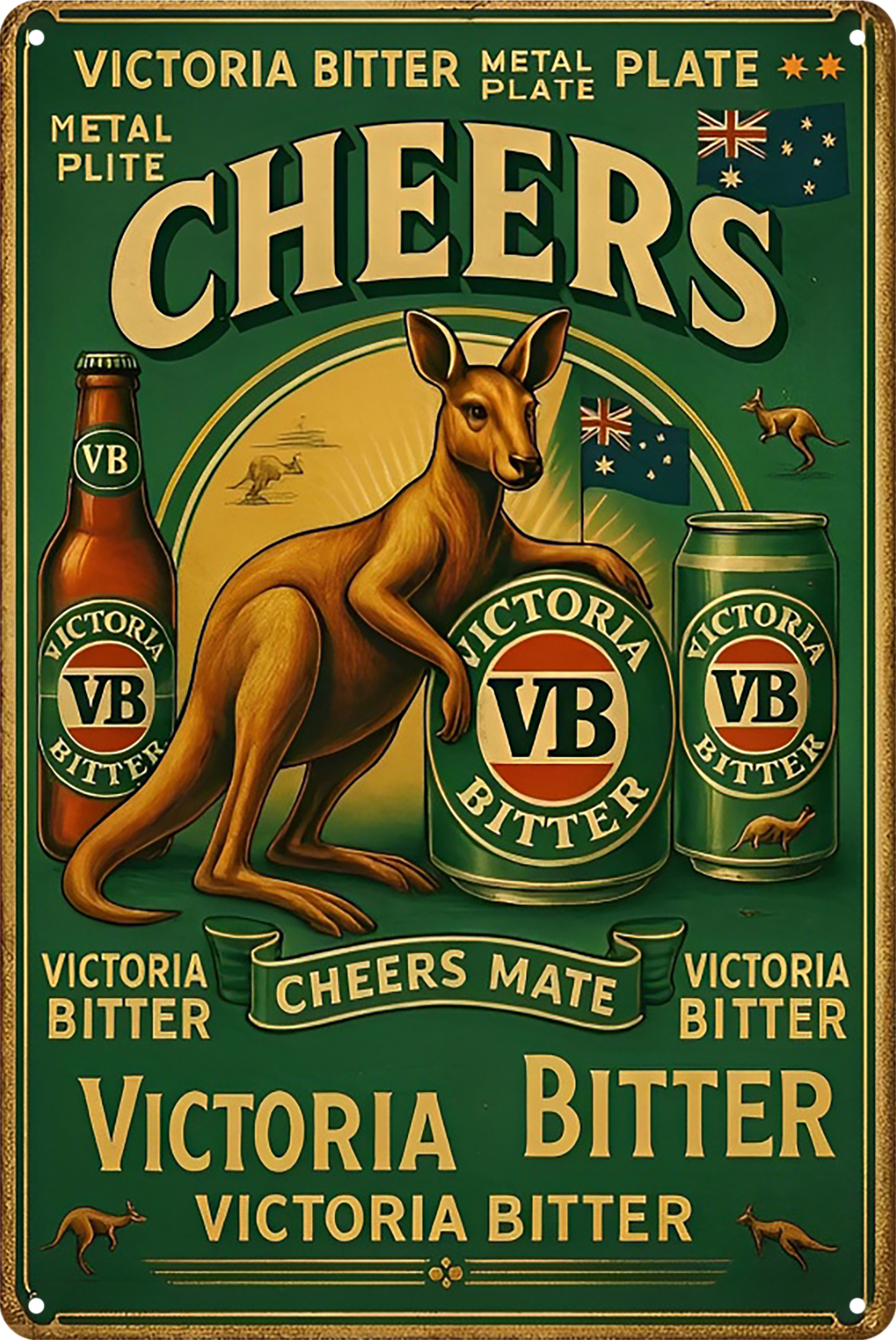 Cheers Vb Victory Bitter Beer Tin Sign Kangaroo Rustic Look  Retro 20x30cm