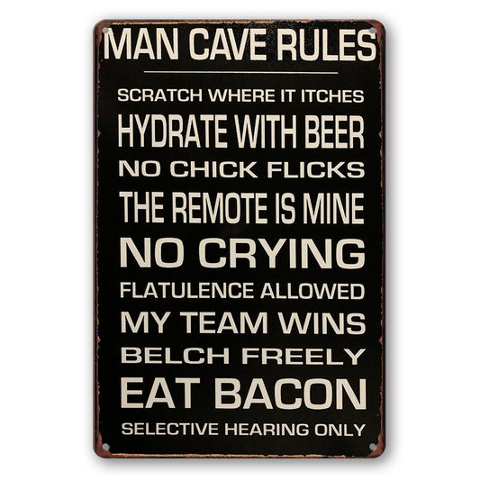 Tin Sign Rules Man Cave Beer Remove No Crying Wins Bacon Rustic Look Decorative