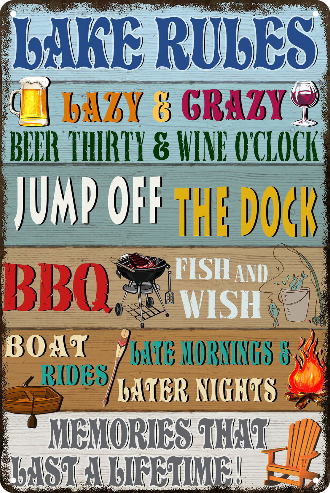 Lake Rules Tin Sign Lazy Grazyjump Off The Dock BBQ Fish Wish Retro 20x30cm