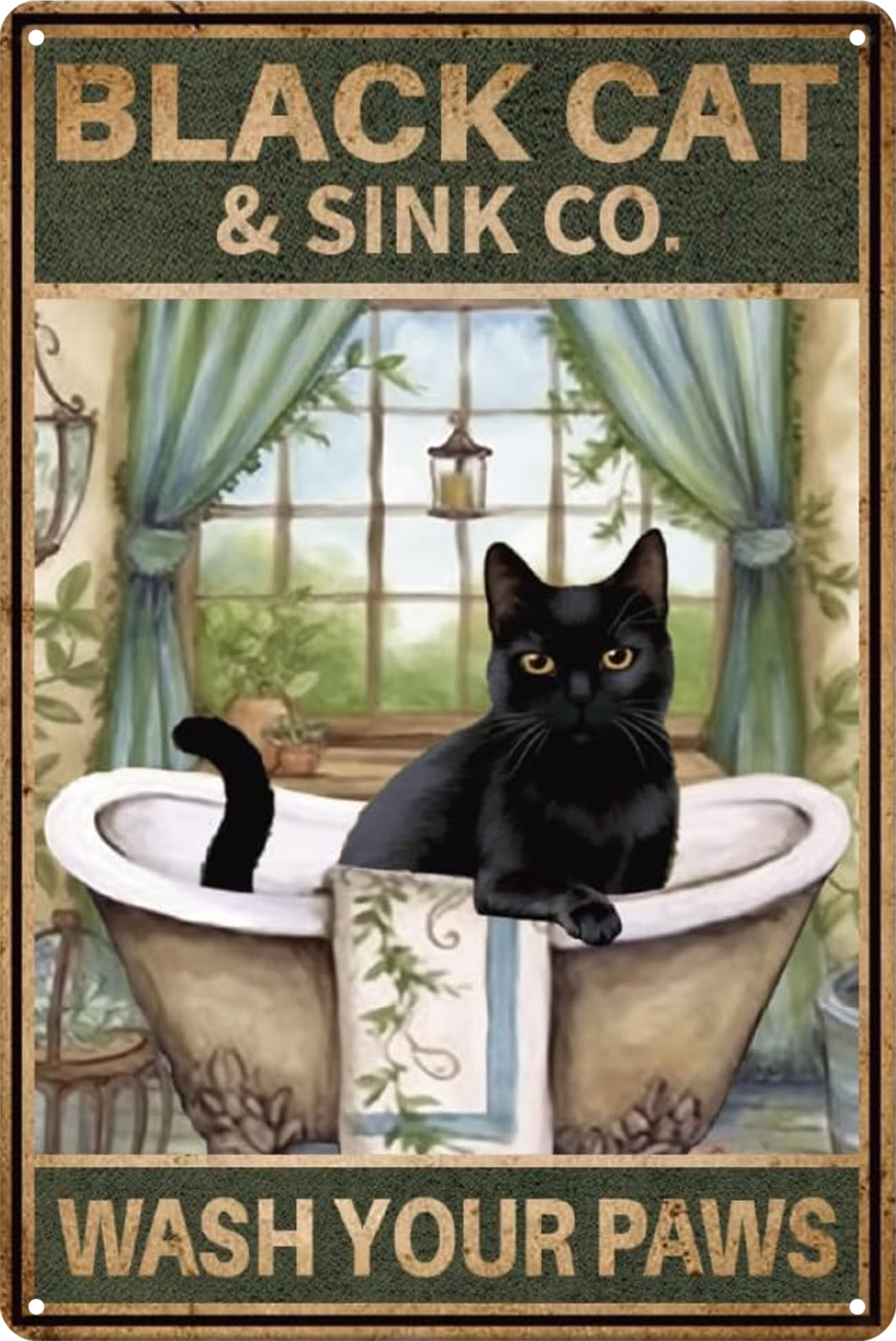 Tin Sign Black Cat & Sink Co. Wash Your Paws Vintage Retro 20x30cm