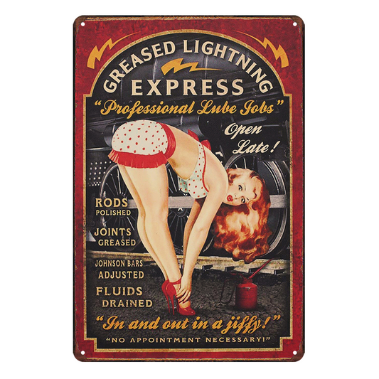 Pin Up Girl Greased Lightning Express Sexy Rustic Metal Sign Vintage Tin