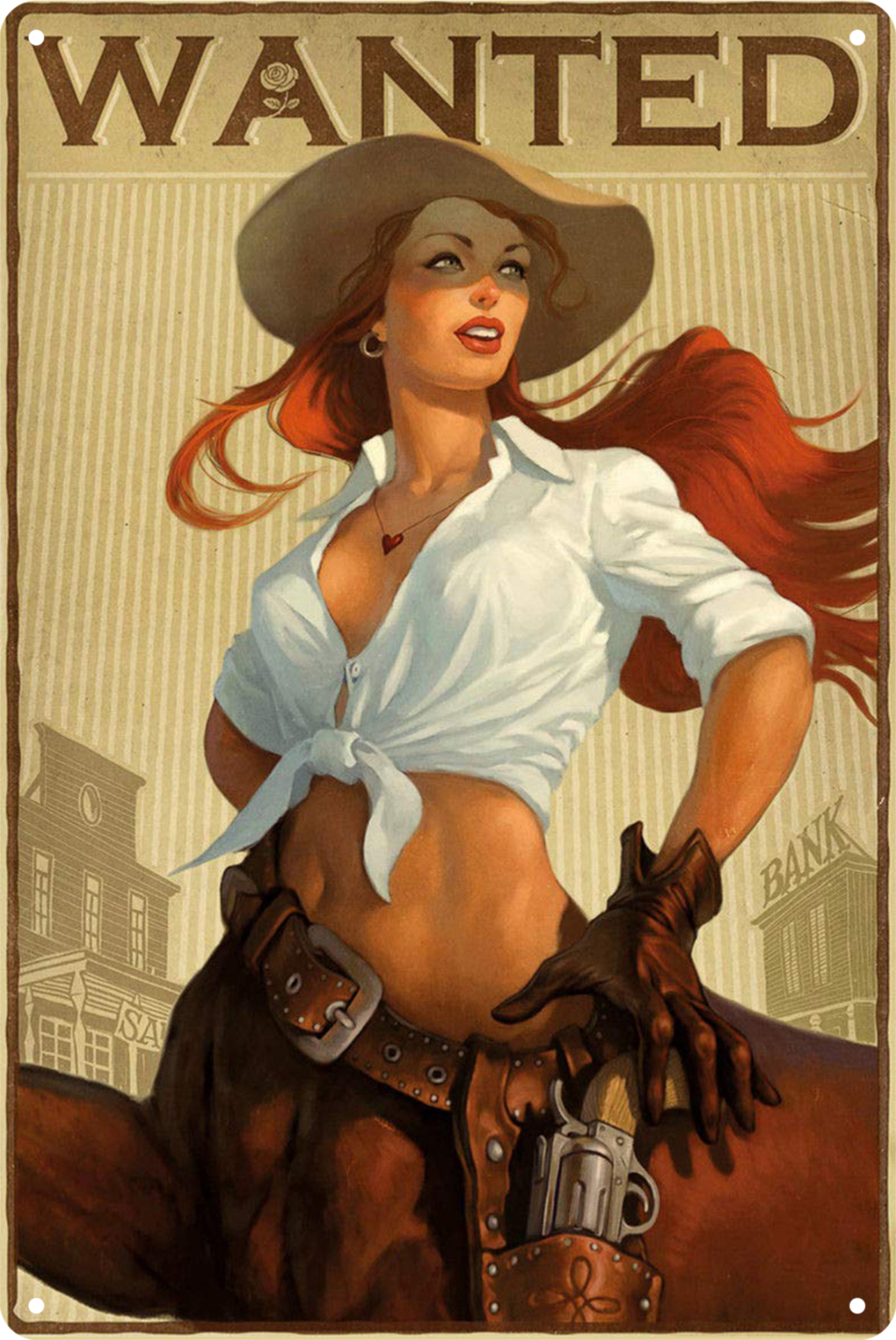 Wanted Redhair Cowgirl Pin Up Girl  Tin Sign Rustic Vintage Retro 20x30cm