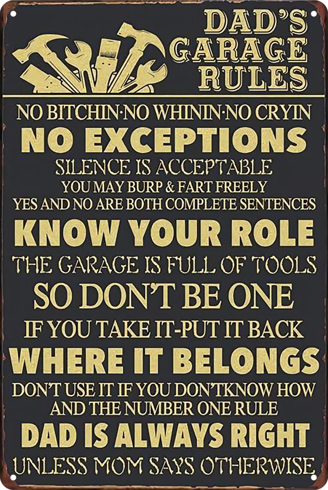 Tin Sign Dad's Garage Rules Tool Always Right Know Your Role Retro 20x30cm