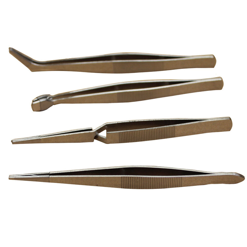 Tweezer Hobby Set Curve Straight Bent Flat Stainless 4pc Craft Jewellery