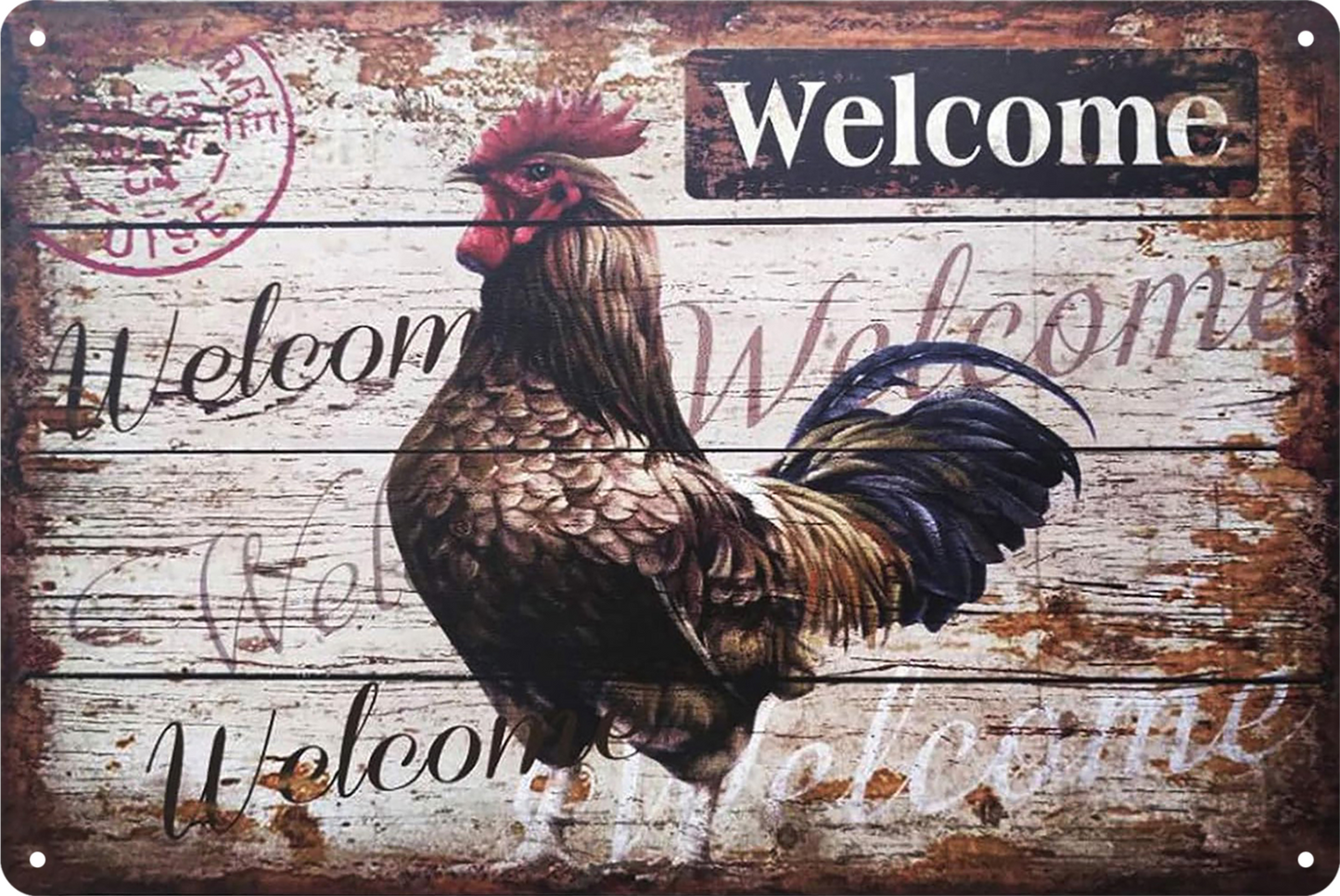 Welcome Rooster Tin Sign Rustic Look Vintage Retro 20x30cm